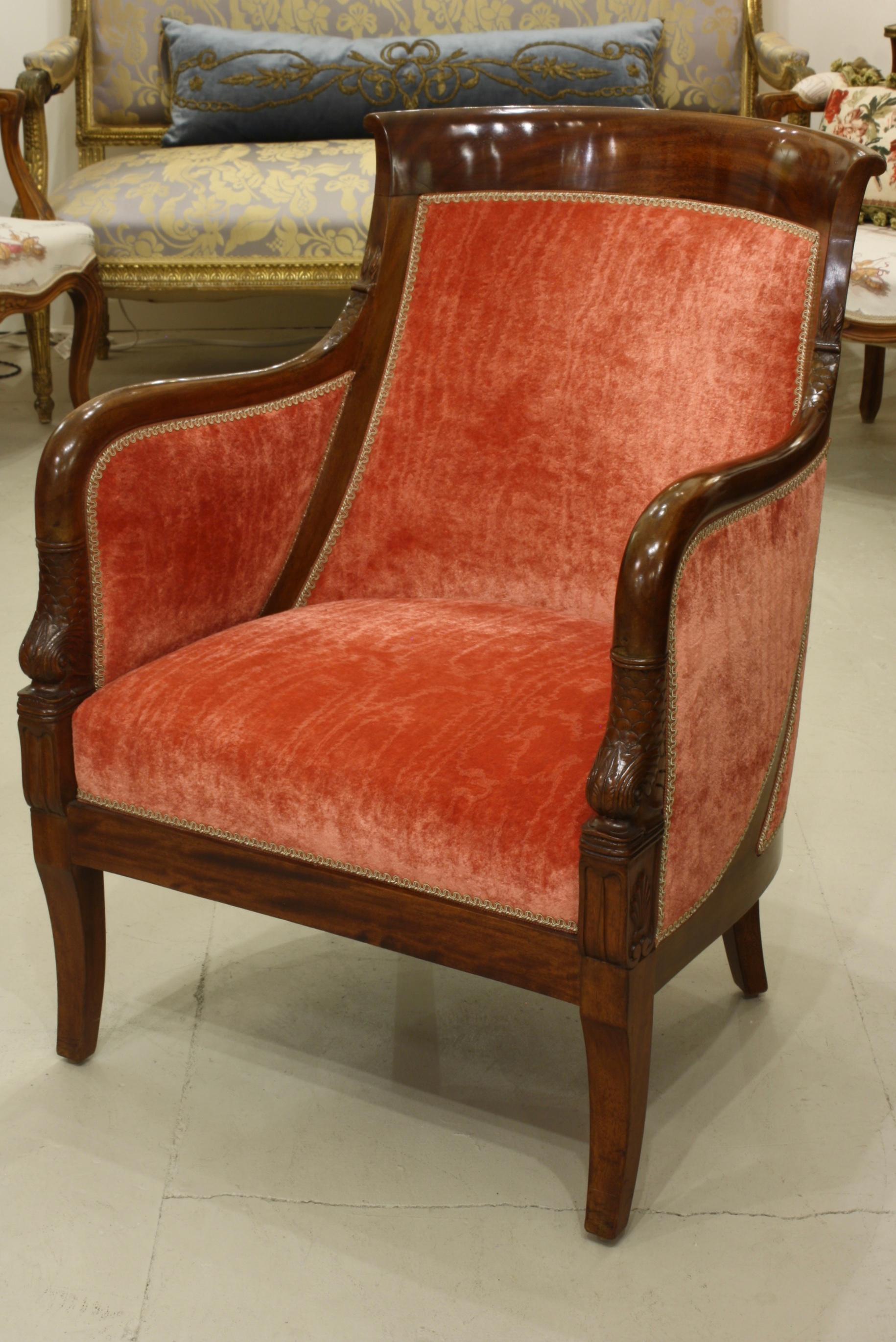 Pair of French Empire Style Mahogany Bergere Armchairs with Dolphins In Good Condition In Pembroke, MA