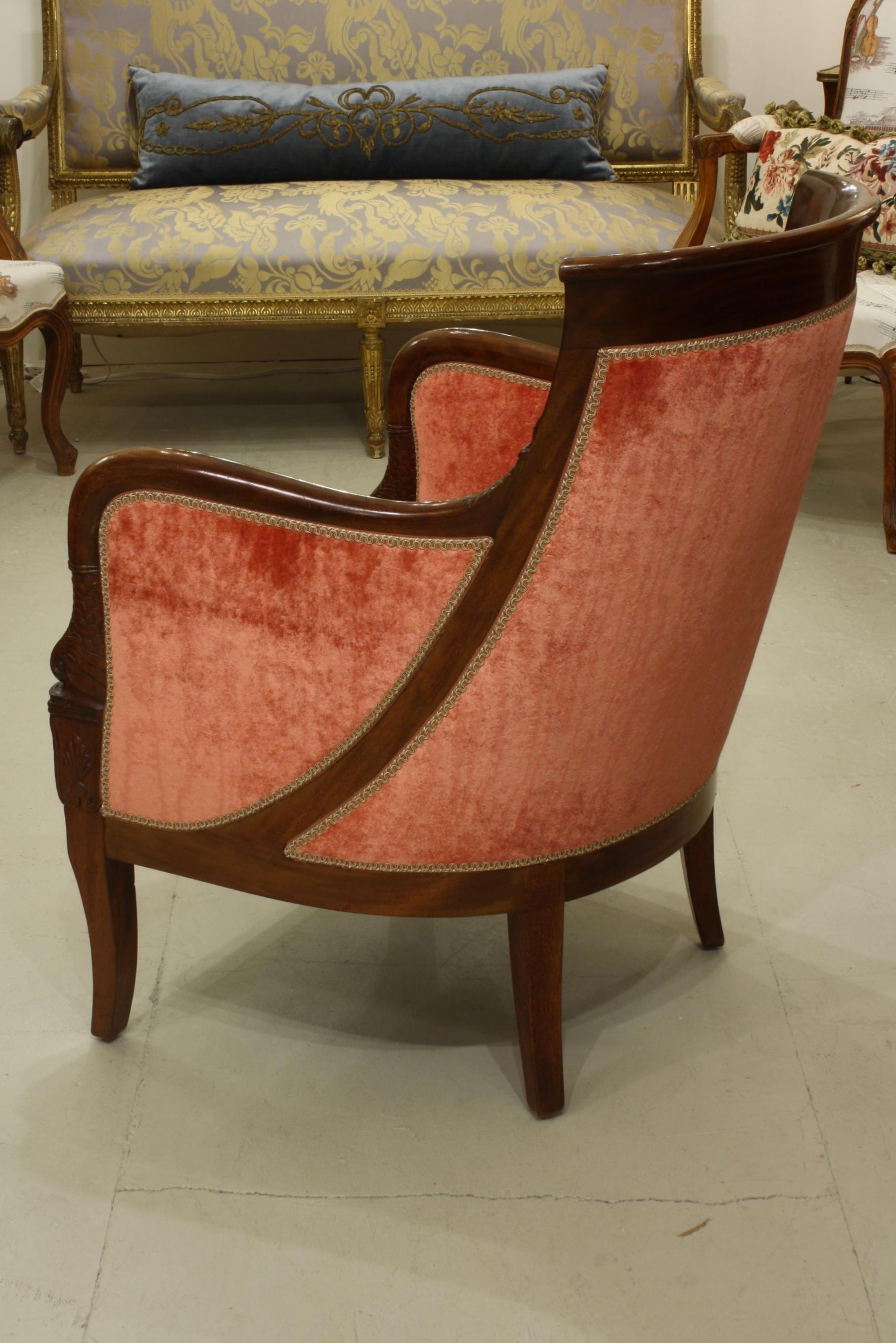20th Century Pair of French Empire Style Mahogany Bergere Armchairs with Dolphins