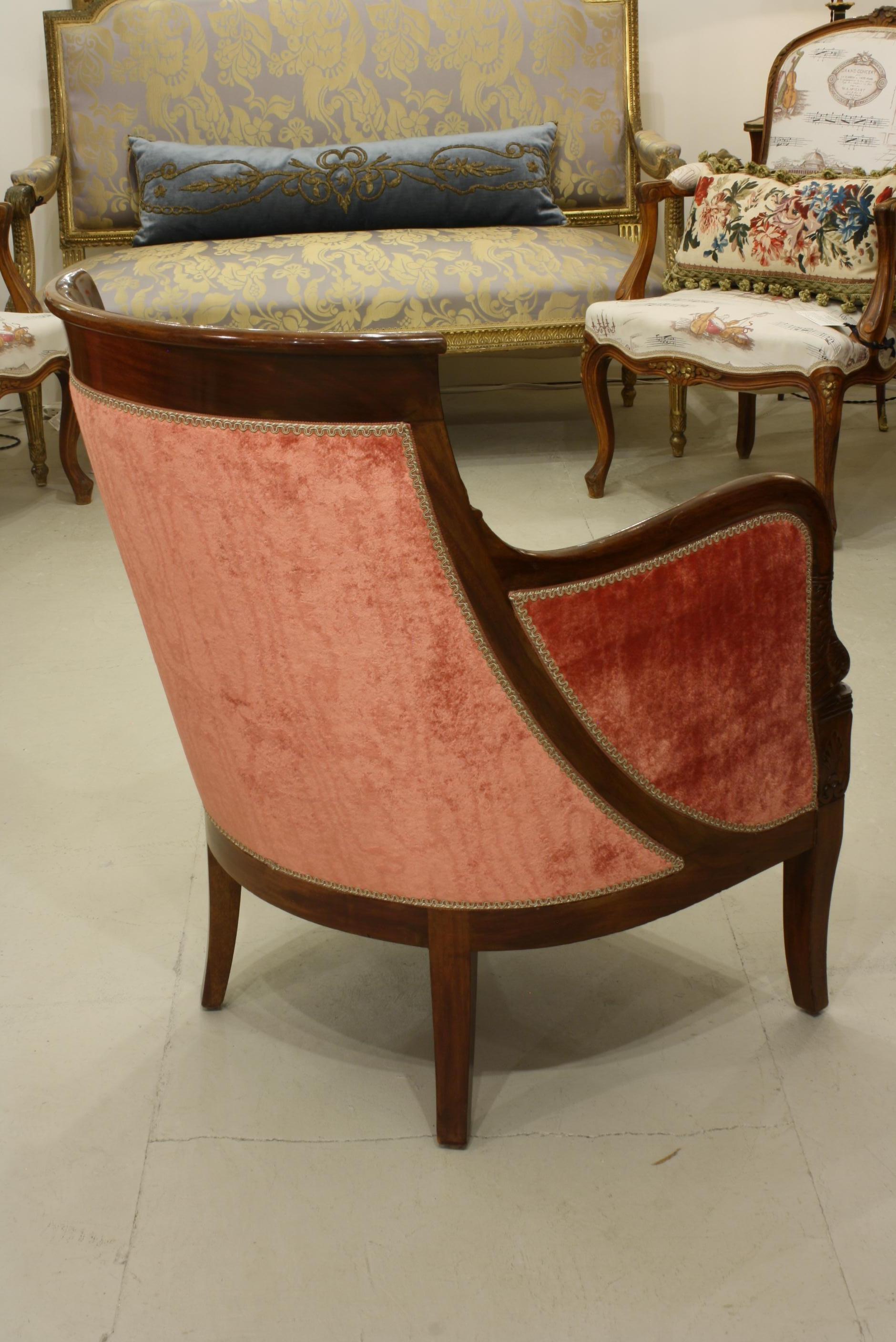 Pair of French Empire Style Mahogany Bergere Armchairs with Dolphins (Seide)