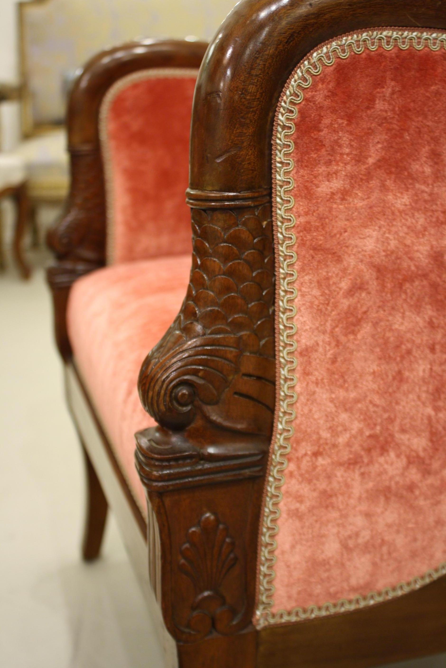 Pair of French Empire Style Mahogany Bergere Armchairs with Dolphins 2