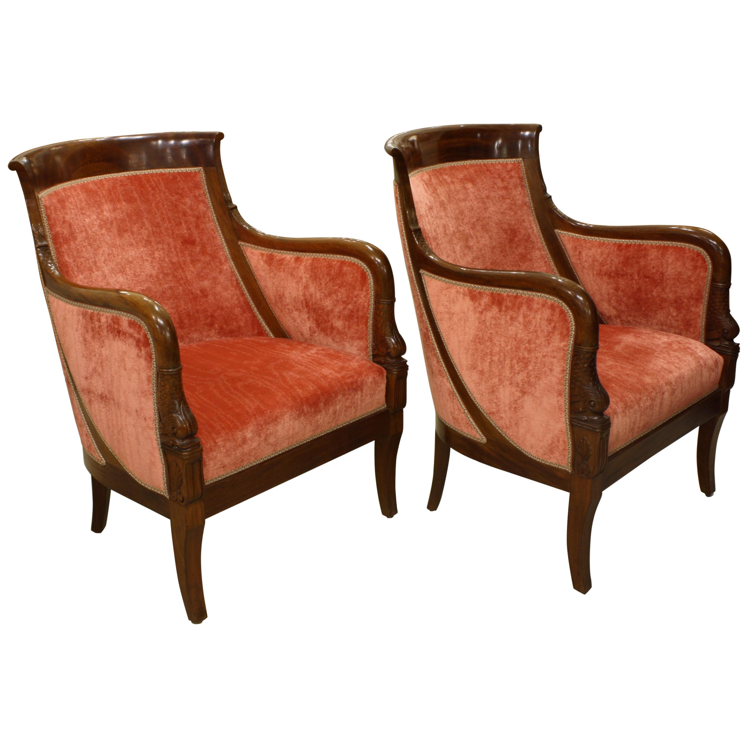 Pair of French Empire Style Mahogany Bergere Armchairs with Dolphins