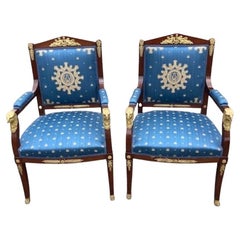 Pair of French Empire Style Mahogany Ormolu Mounted Upholstered Armchairs