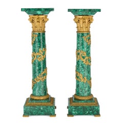 Pair of French Empire Style Malachite and Gilt Bronze Pedestals