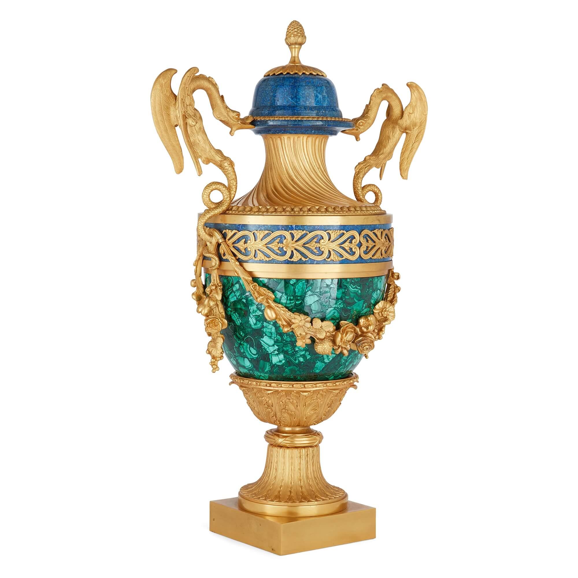 Cast Pair of French Empire Style Malachite, Lapis Lazuli and Ormolu Vases For Sale