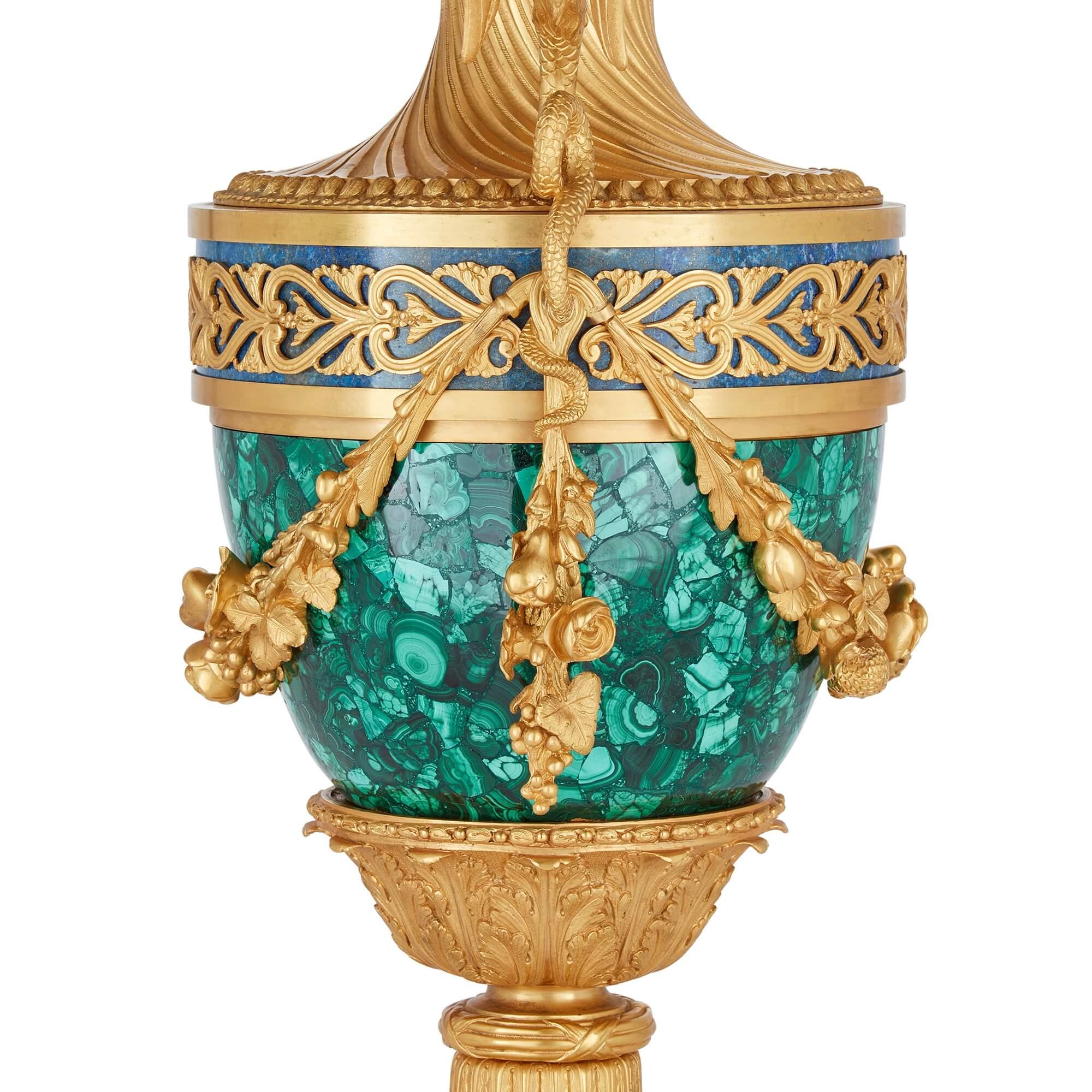 Pair of French Empire Style Malachite, Lapis Lazuli and Ormolu Vases For Sale 1