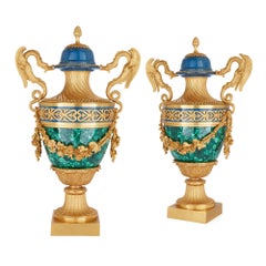 Pair of French Empire Style Malachite, Lapis Lazuli and Ormolu Vases