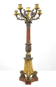 Pair of French Empire Bronze and Rouge Marble Candelabras
