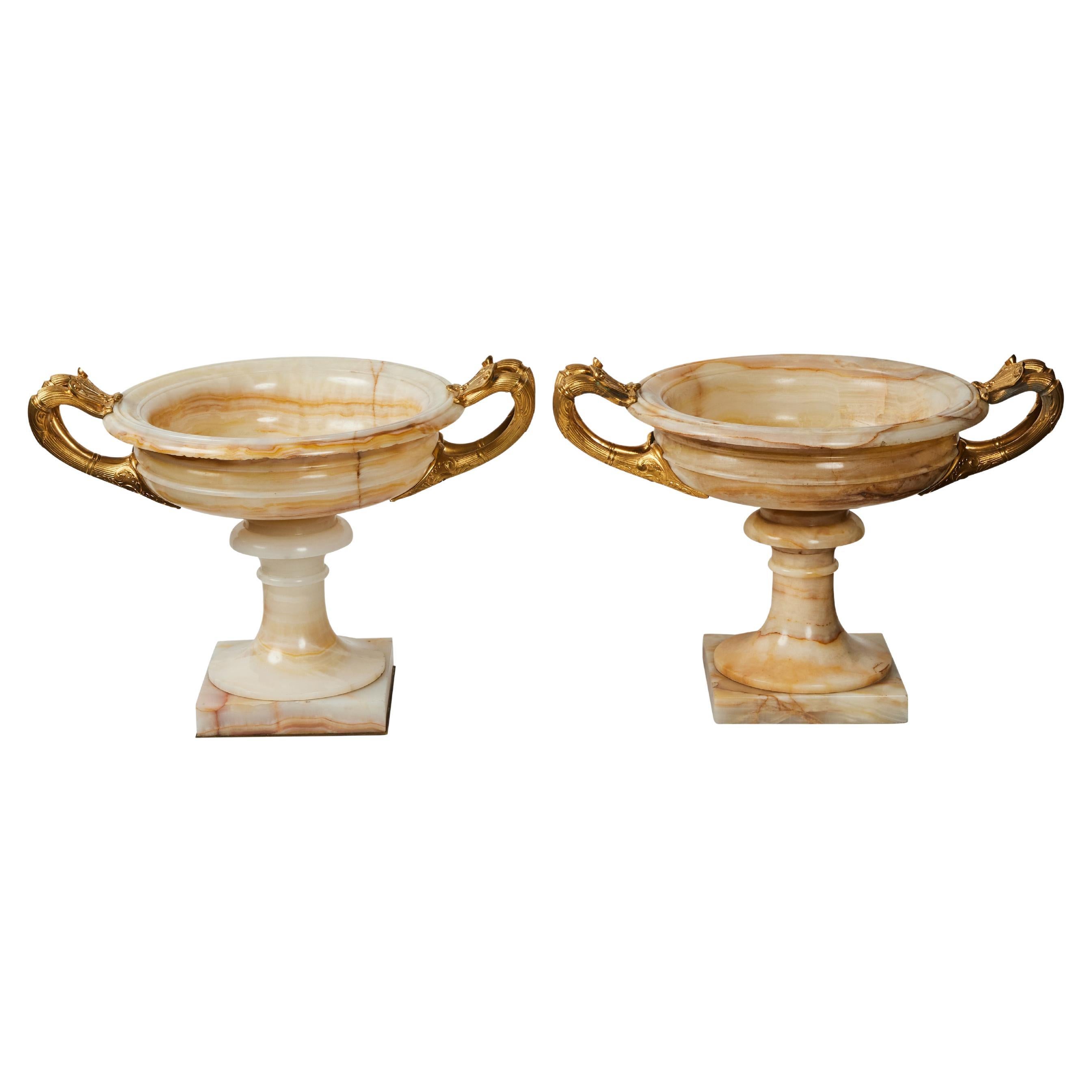 Pair of French Empire Style Onyx and Gilded Bronze Tazzas For Sale