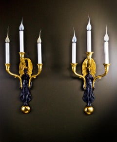 Pair of French Empire Style Ormolu & Patinated Bronze Figural Wall Sconces