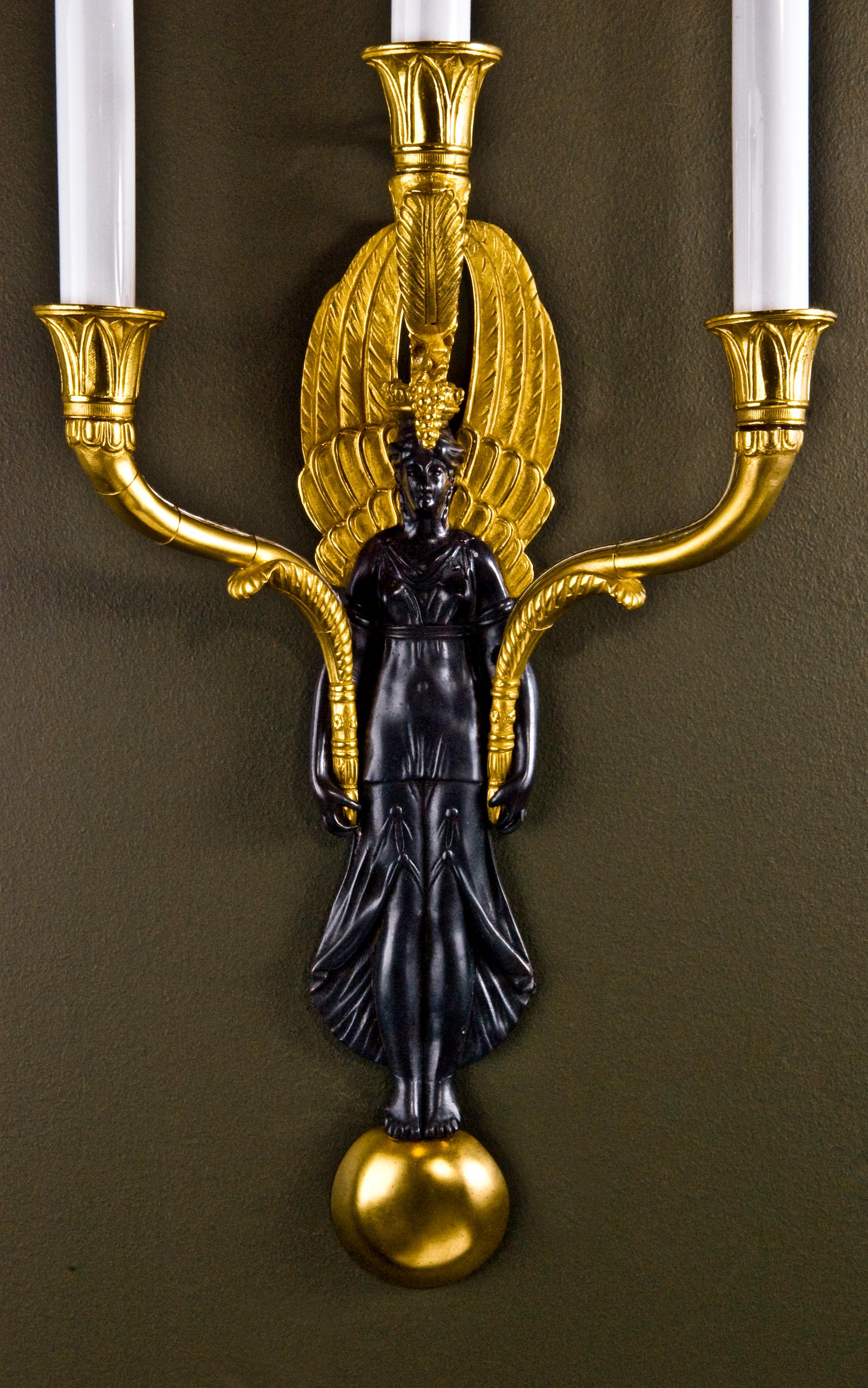 Gilt Pair of French Empire Style Ormolu & Patinated Bronze Figural Wall Sconces For Sale