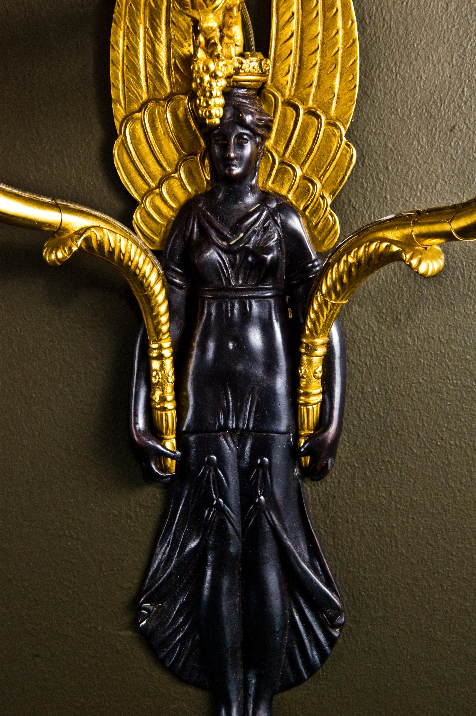 19th Century Pair of French Empire Style Ormolu & Patinated Bronze Figural Wall Sconces For Sale