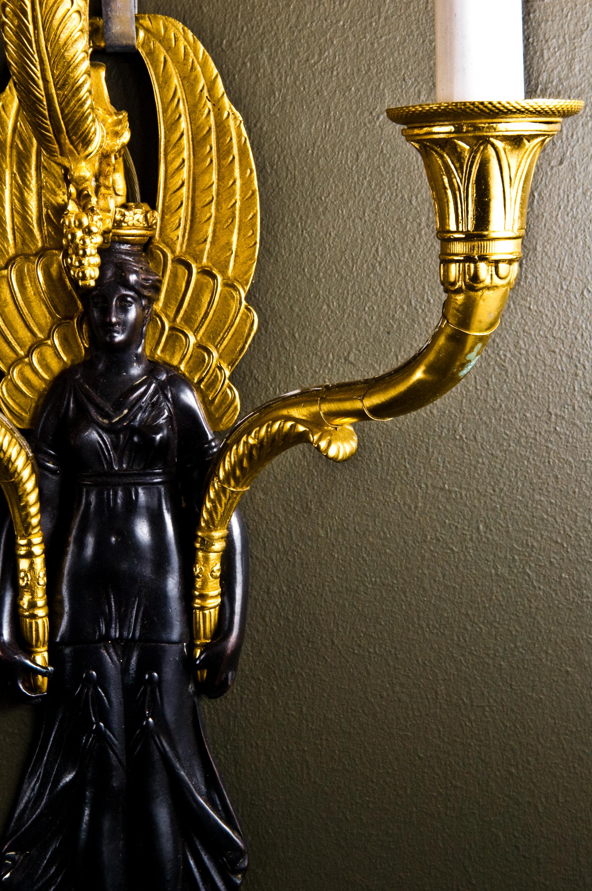 Pair of French Empire Style Ormolu & Patinated Bronze Figural Wall Sconces For Sale 2