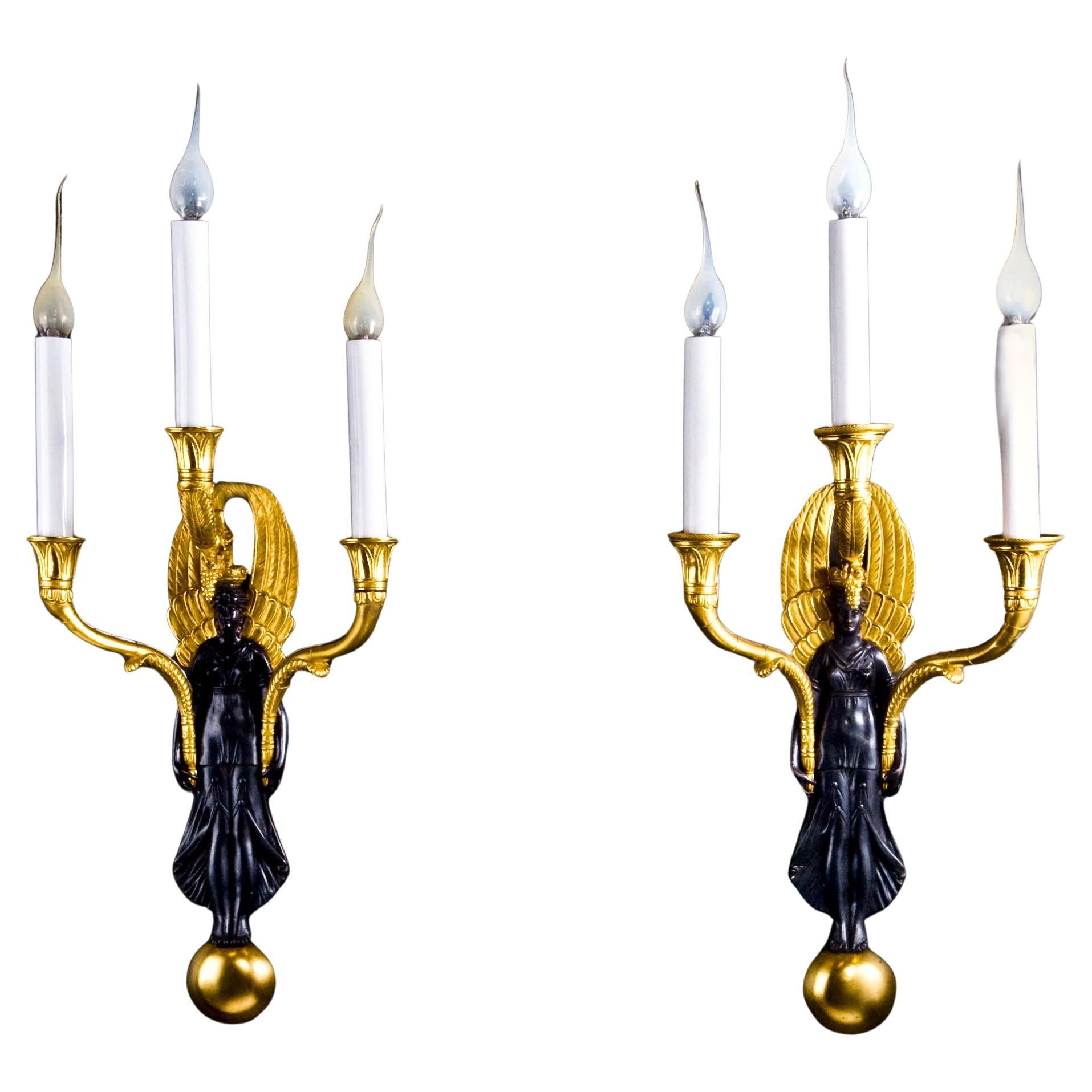 Pair of French Empire Style Ormolu & Patinated Bronze Figural Wall Sconces For Sale