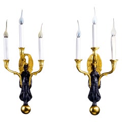 Pair of French Empire Style Ormolu & Patinated Bronze Figural Wall Sconces