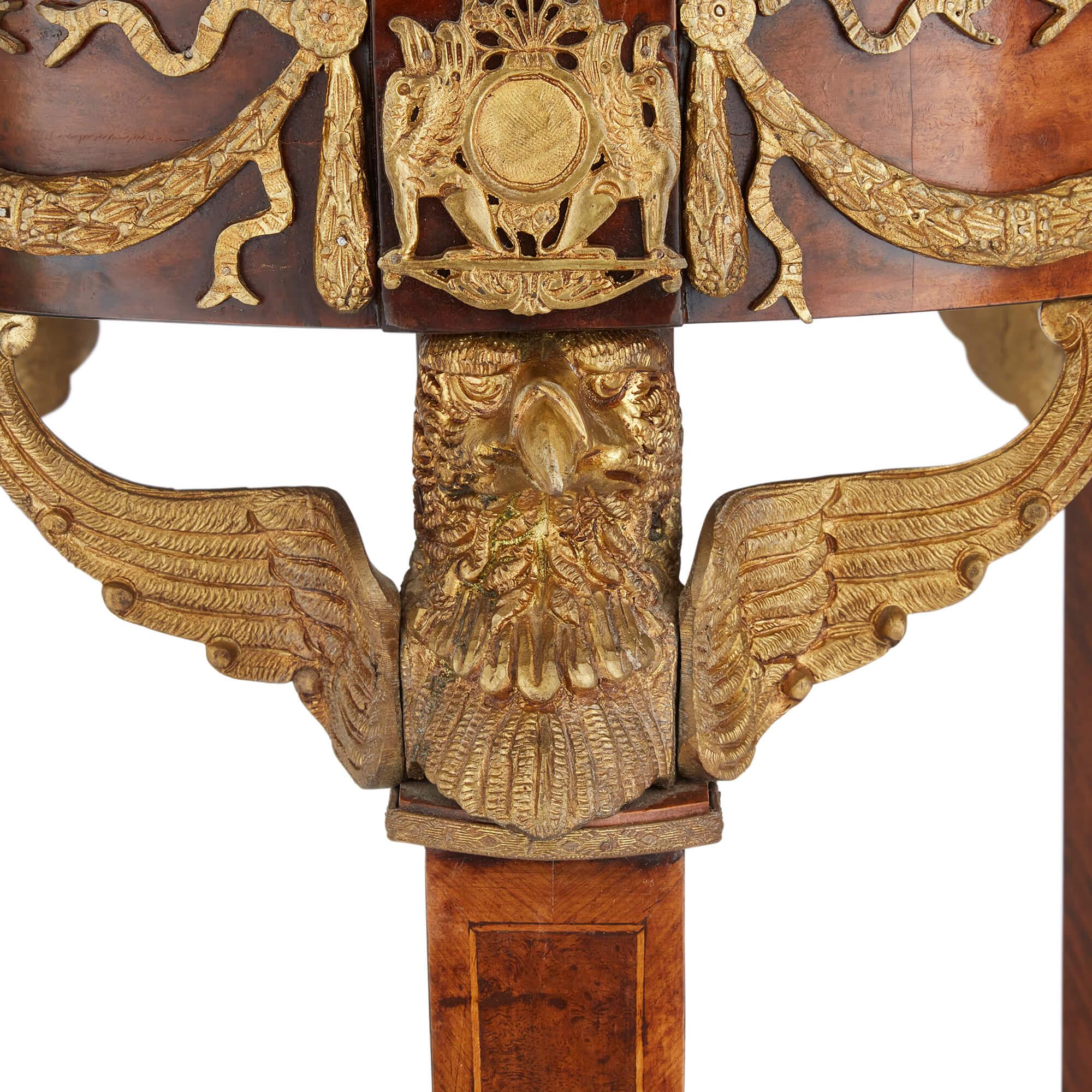 Carved Pair of French Empire Style Ormolu, Wood and Marble Pedestals For Sale