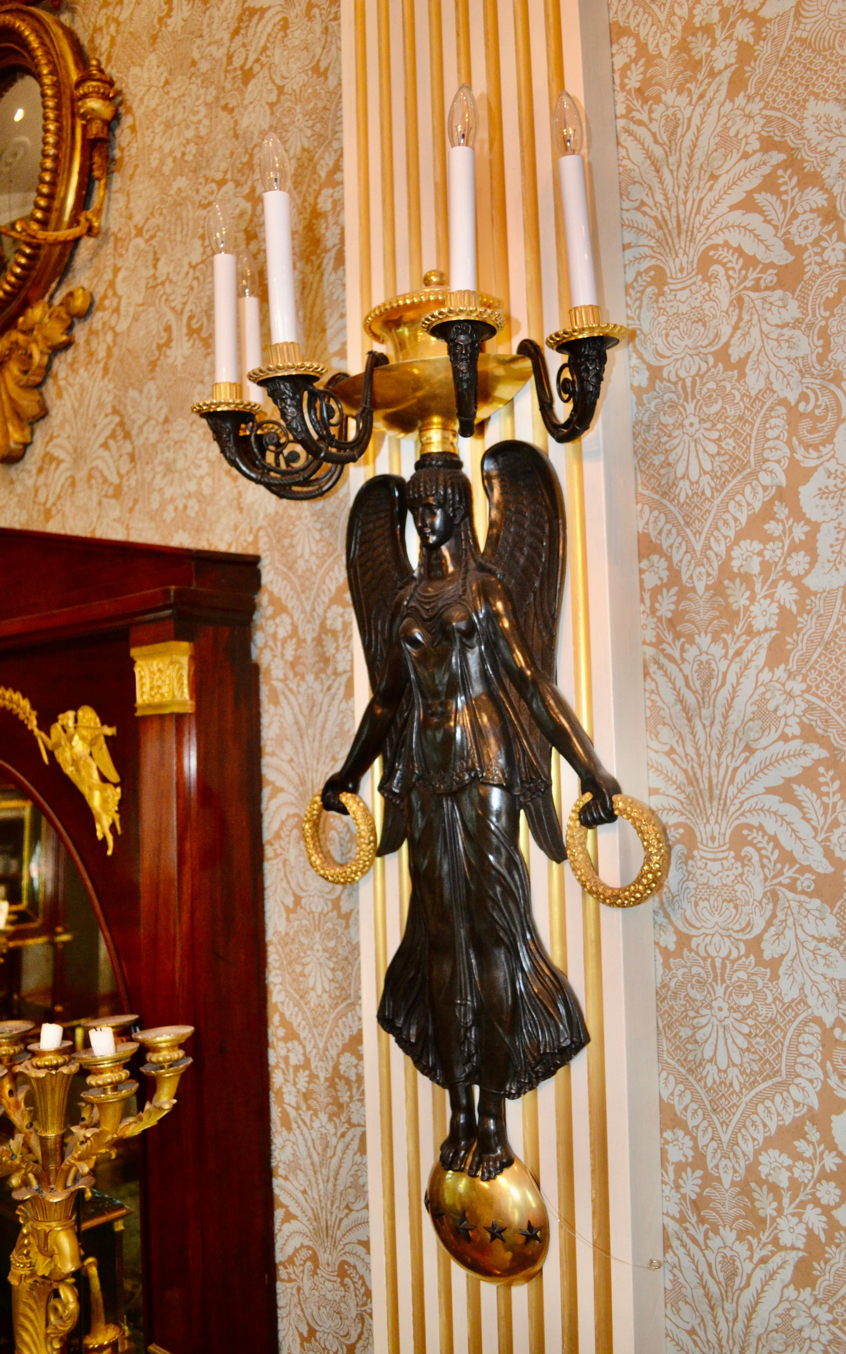 Pair of French Empire Style Patinated and Gilt Bronze Victory Sconces For Sale 5