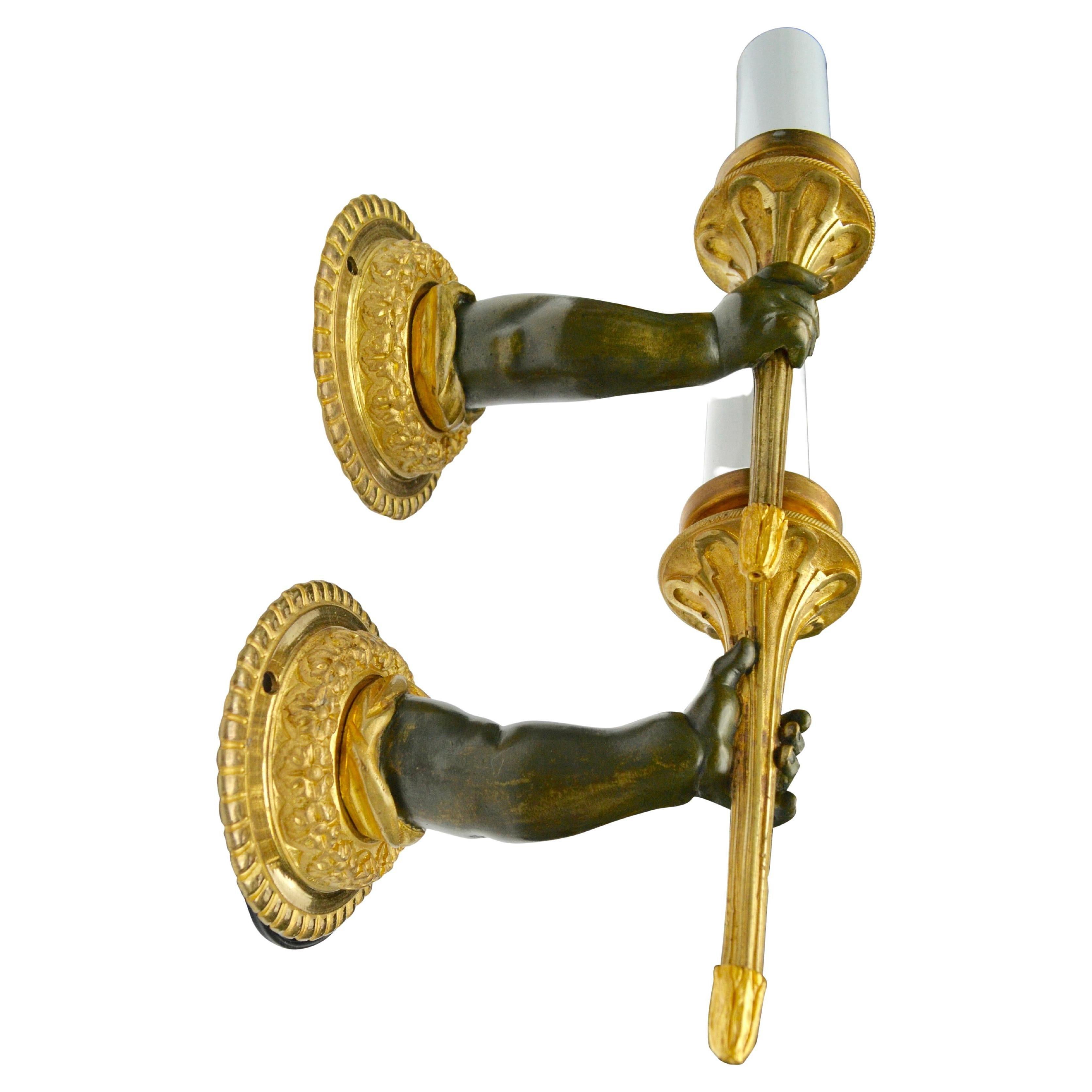 Pair of French Empire Style Patinated Bronze Arm and Hand Sconces