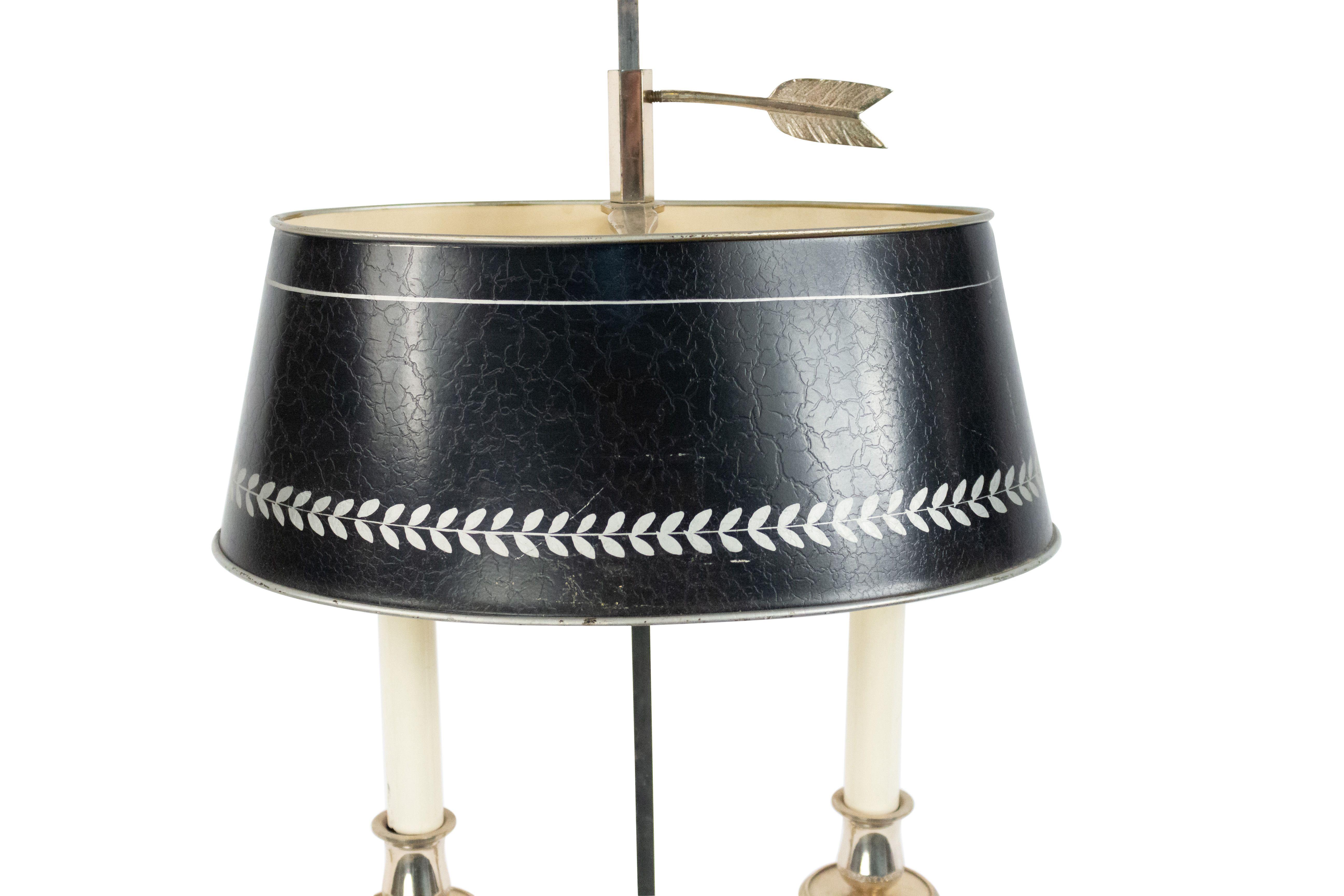 Pair of French Empire style (20th century) silver plate 2 arm bouillotte /desk table lamp with oval tole decorated shade and horn motif (priced as pair).