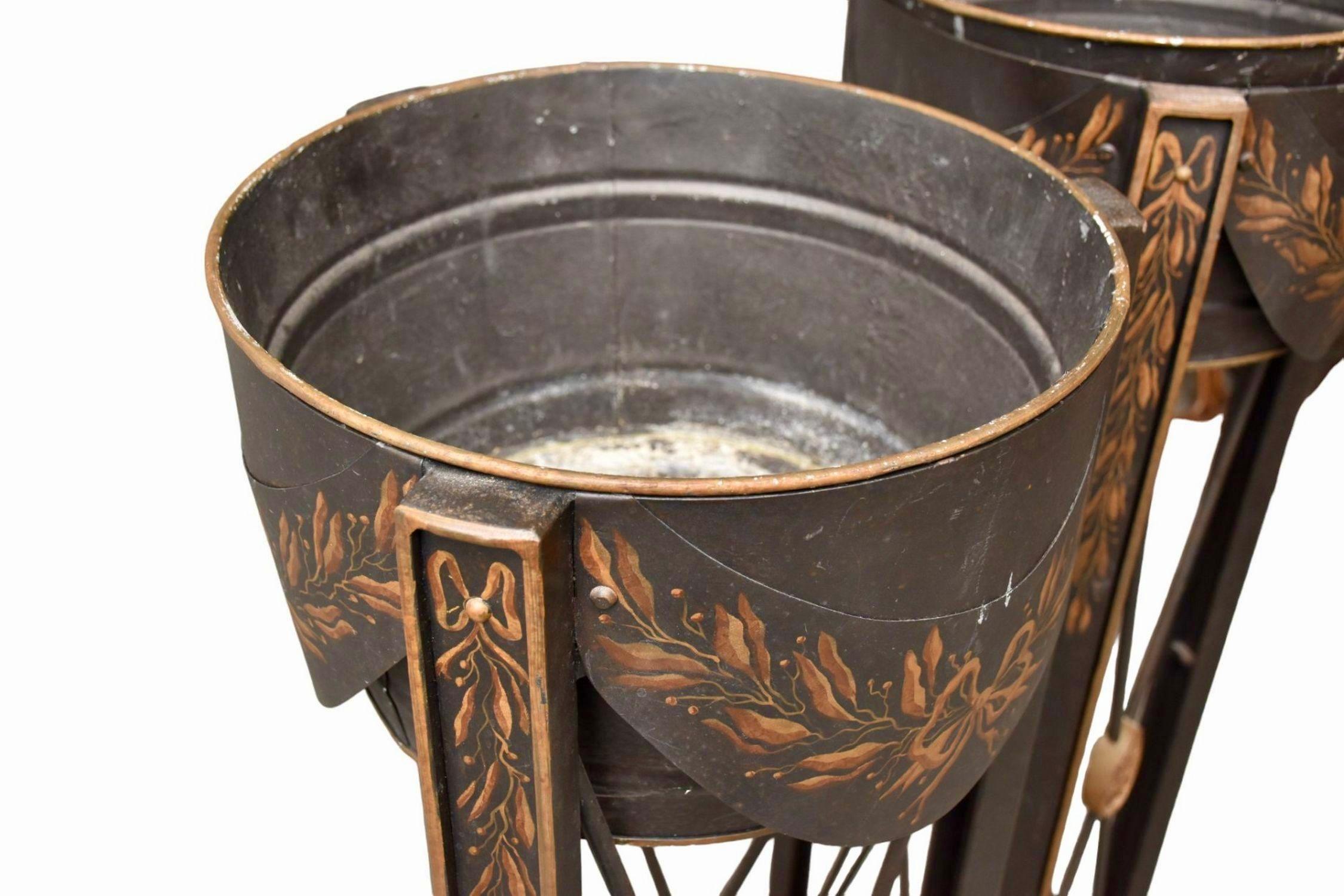 Pair Of French Empire Style Tole Planters - Pedestals In Good Condition In Bradenton, FL