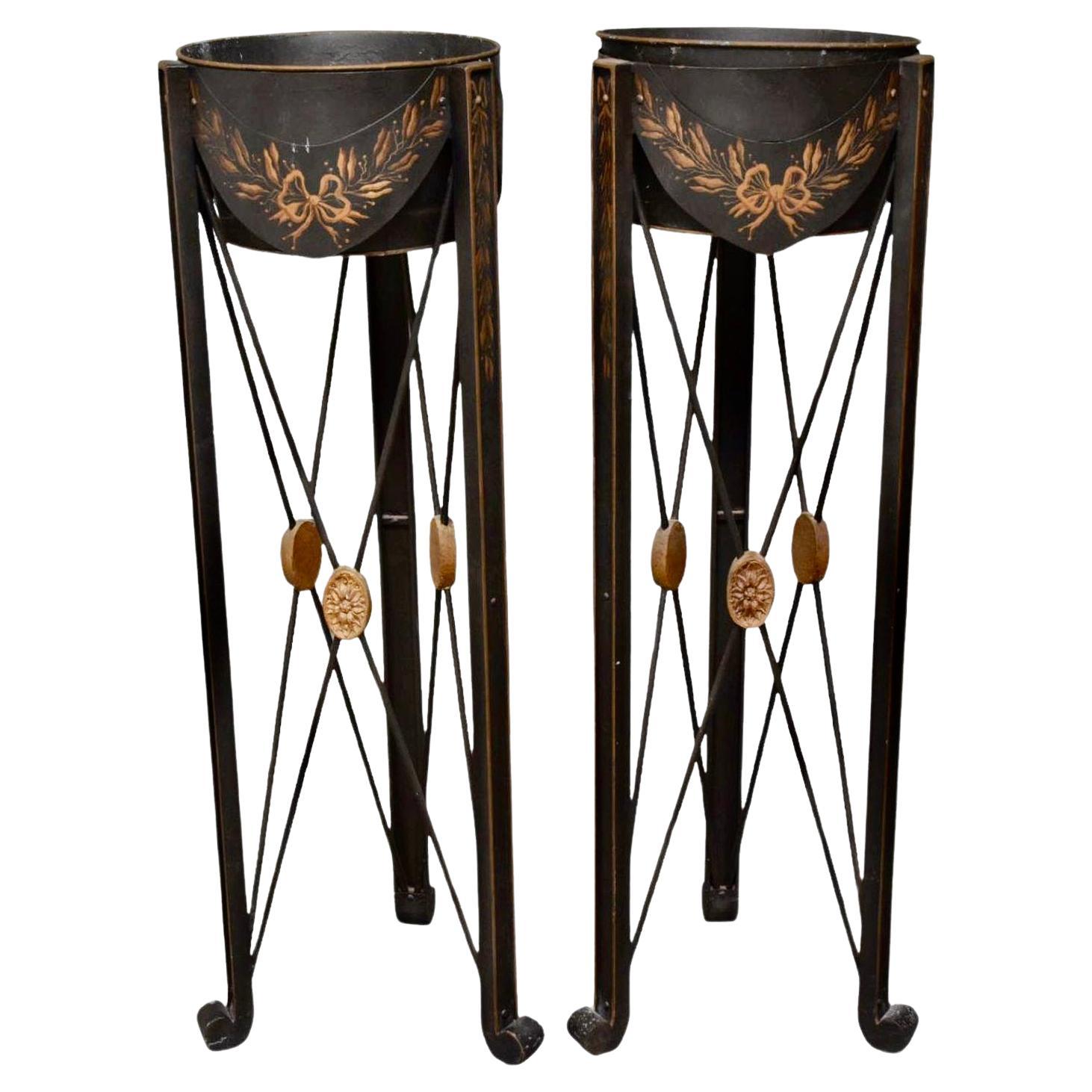 Pair Of French Empire Style Tole Planters - Pedestals