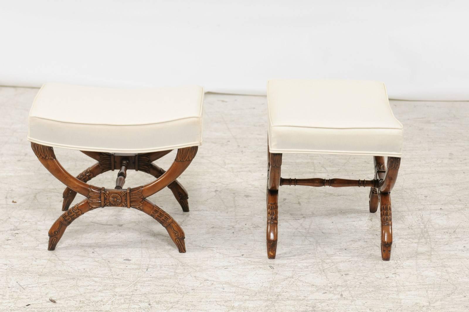 Upholstery Pair of French Empire Style Walnut X-Form Stools with Cornucopia and Swan Motifs