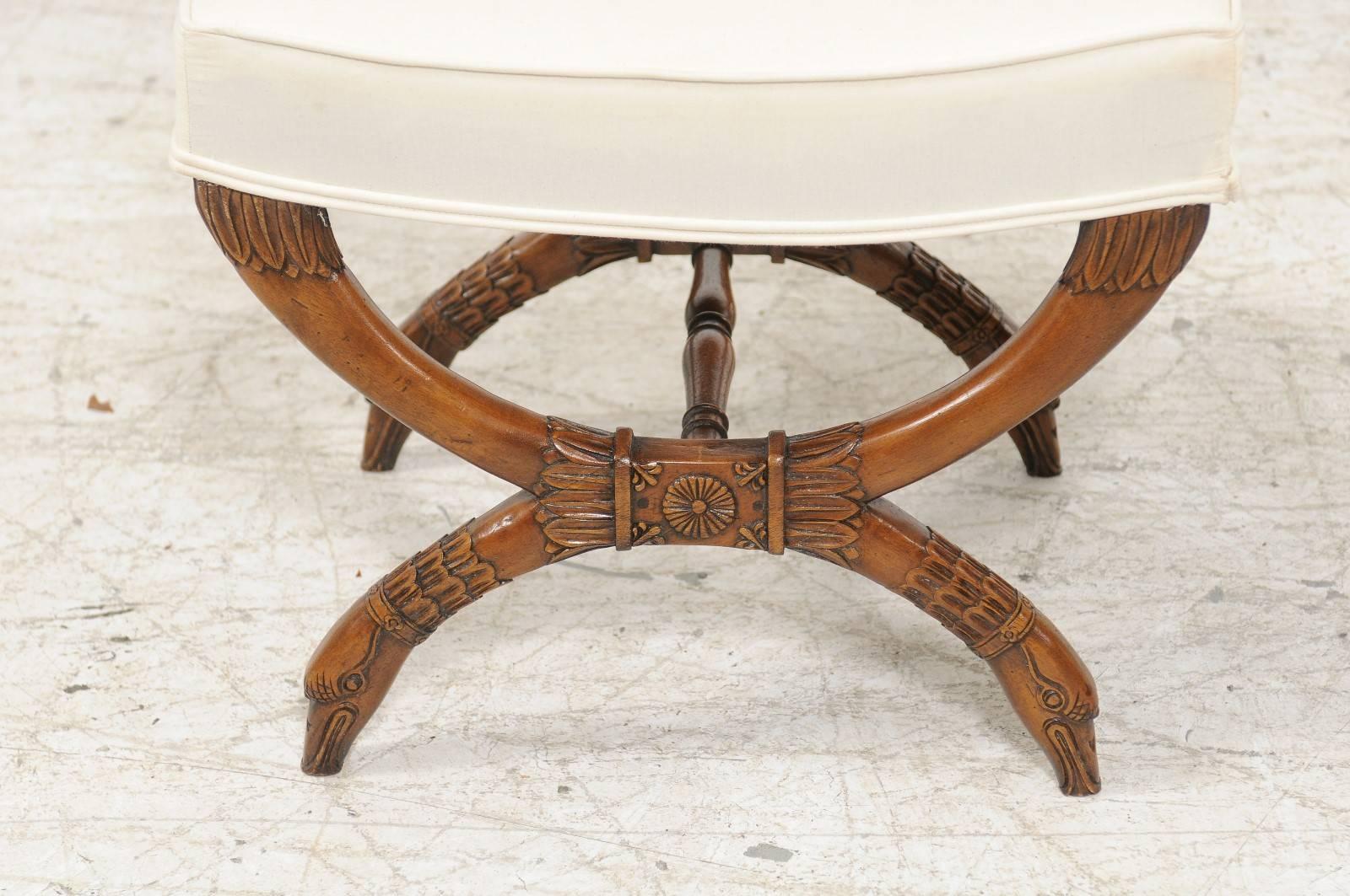 Pair of French Empire Style Walnut X-Form Stools with Cornucopia and Swan Motifs 1