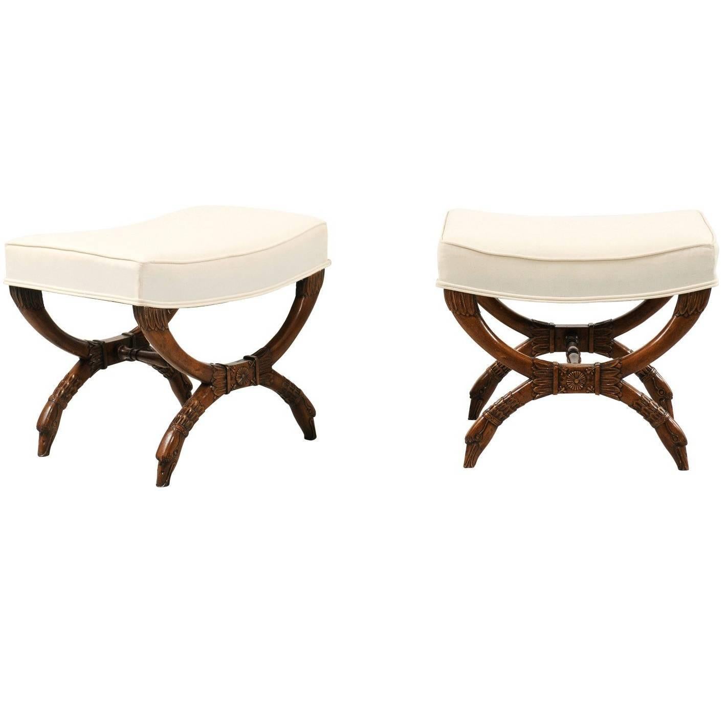 Pair of French Empire Style Walnut X-Form Stools with Cornucopia and Swan Motifs