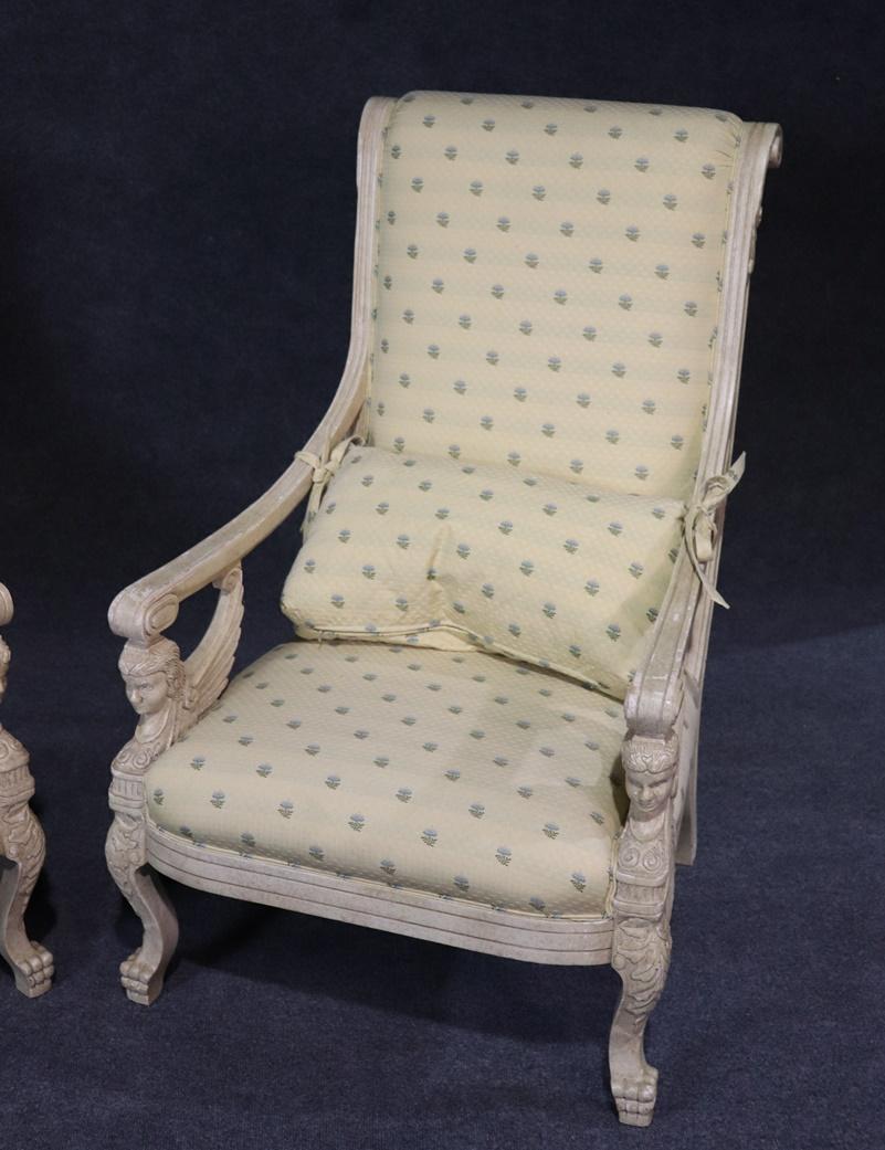 Painted Pair of French Empire Style Winged Maiden Armchairs