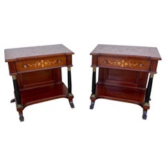 Pair of French Empire Style Wood Nightstands with Marquetry and Black Columns