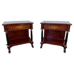 Pair of French Empire Style Wood Nightstands with Marquetry and Black Columns