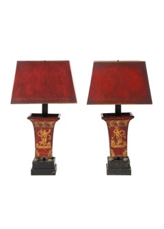 Pair of French Empire Tôle Peinte Lamps, Red and Gilt, circa 1815