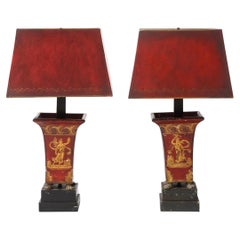 Pair of French Empire Tôle Peinte Lamps, Red and Gilt, circa 1815