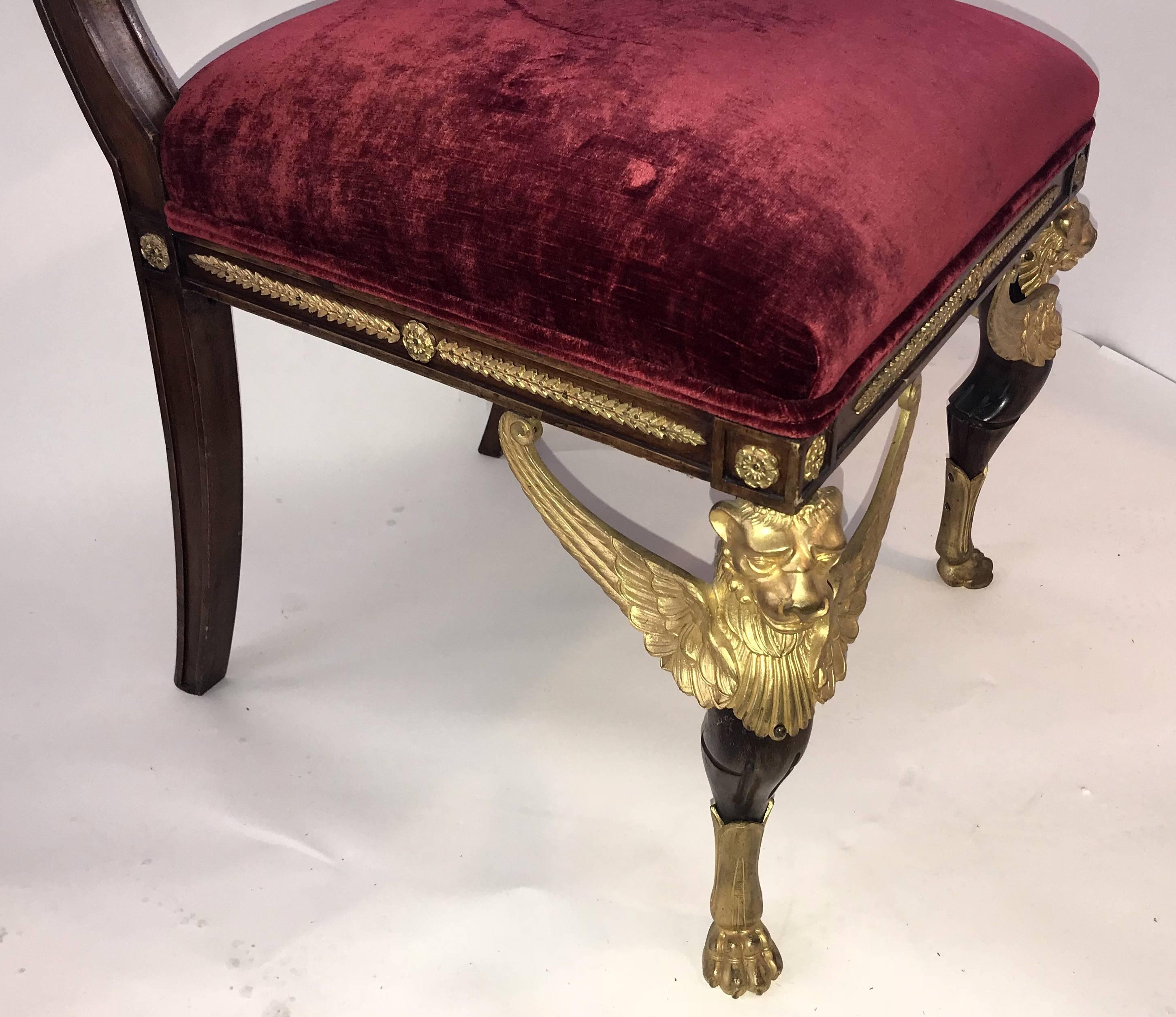 Early 20th Century Pair of French Empire Winged Lion Gilt Bronze Ormolu-Mounted Side Chairs