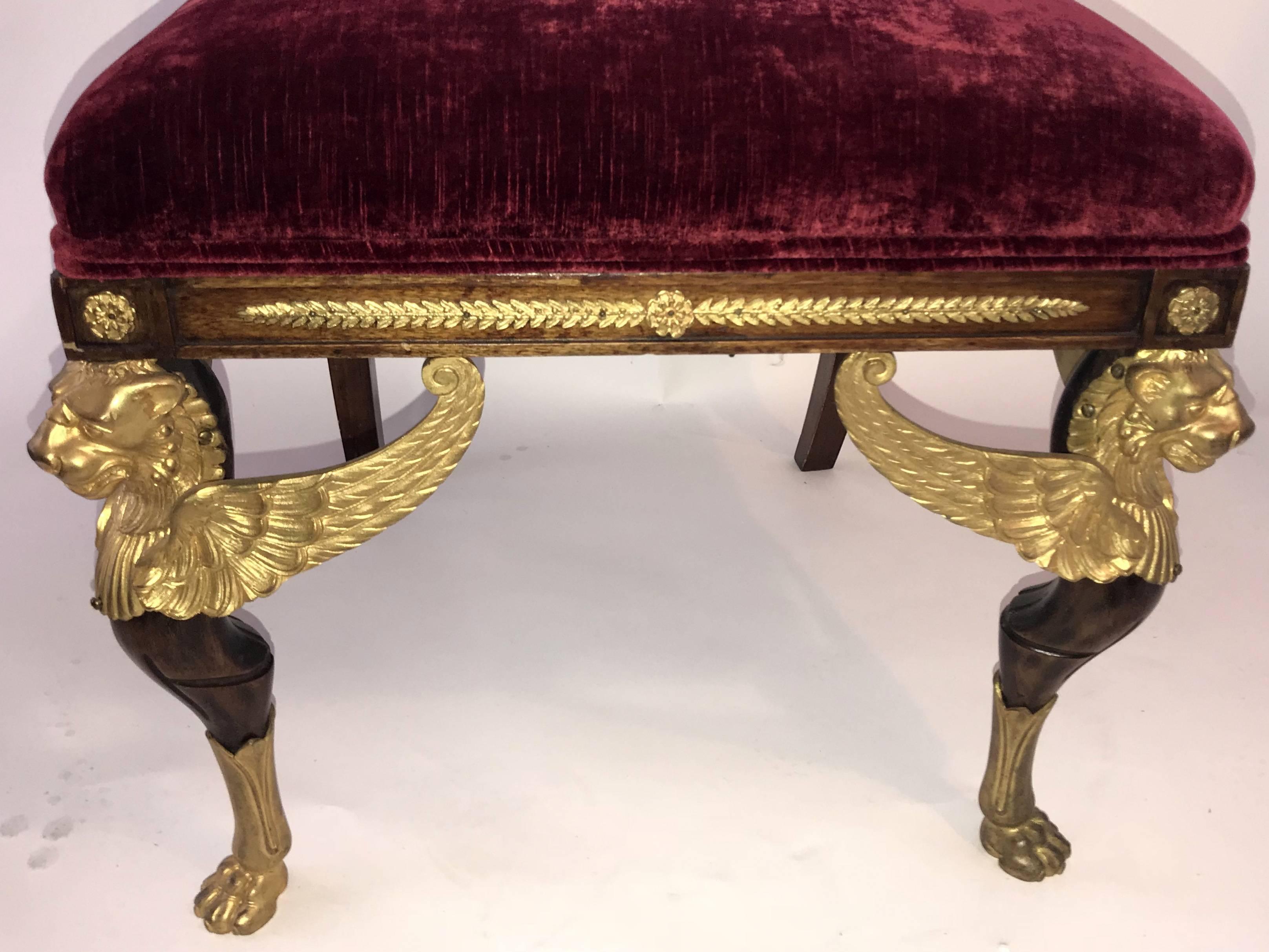 Pair of French Empire Winged Lion Gilt Bronze Ormolu-Mounted Side Chairs 1