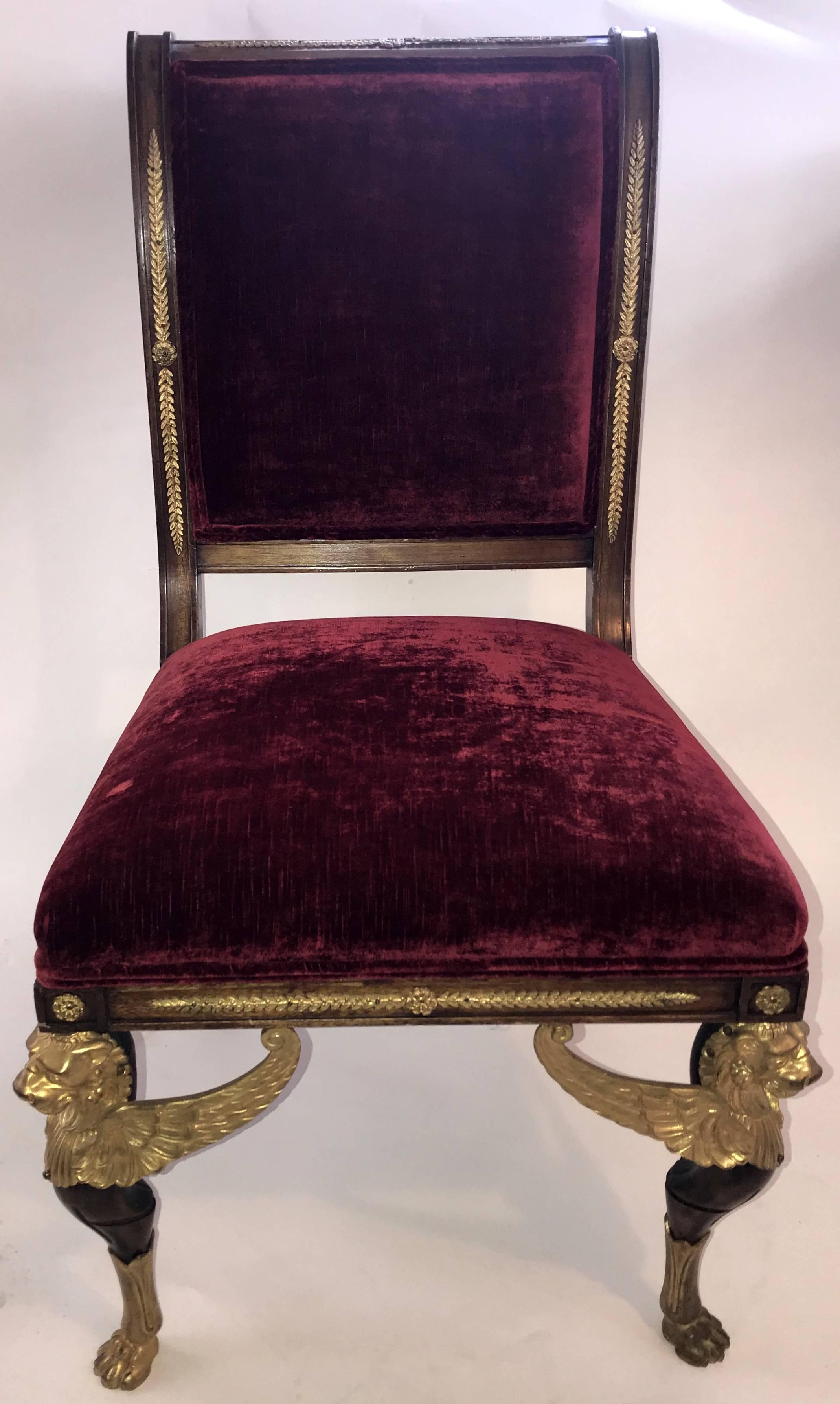 Pair of French Empire Winged Lion Gilt Bronze Ormolu-Mounted Side Chairs 2