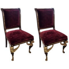Pair of French Empire Winged Lion Gilt Bronze Ormolu-Mounted Side Chairs