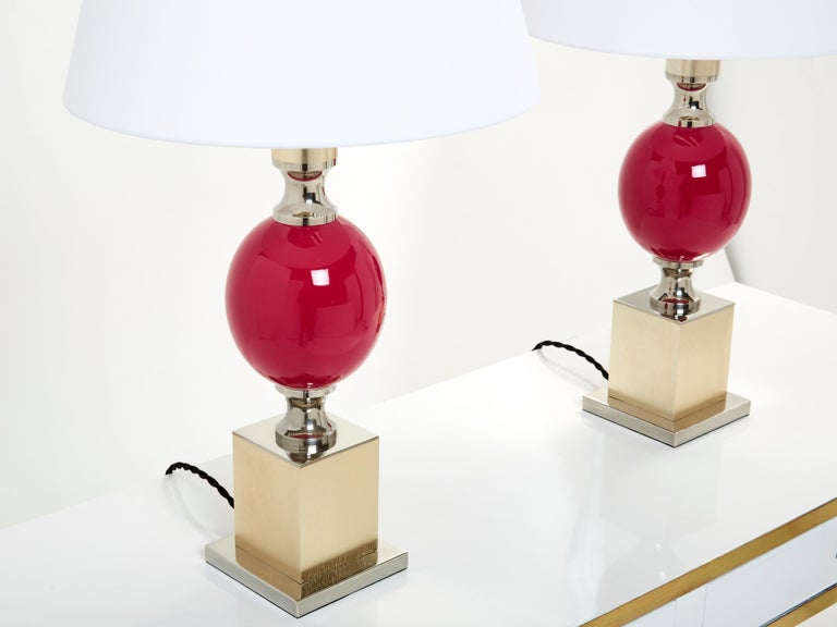 Mid-Century Modern Pair of French Enameled Brass Chrome Table Lamps Philippe Barbier 1970s For Sale