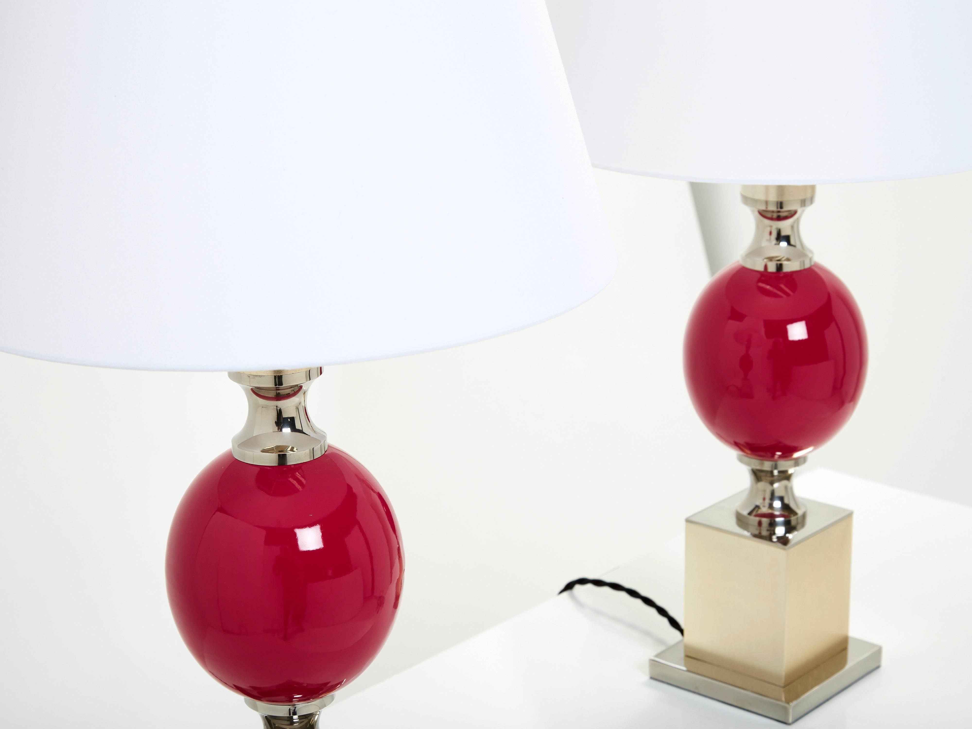 Pair of French Enameled Brass Chrome Table Lamps Philippe Barbier 1970s In Good Condition For Sale In Paris, IDF