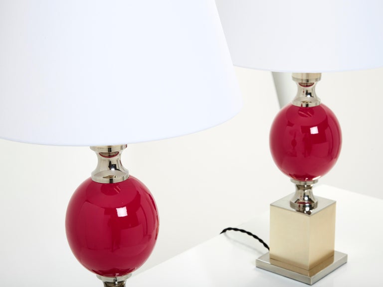 Pair of French Enameled Brass Chrome Table Lamps Philippe Barbier 1970s In Good Condition For Sale In Paris, FR