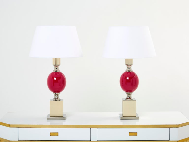 Pair of French Enameled Brass Chrome Table Lamps Philippe Barbier 1970s For Sale 1