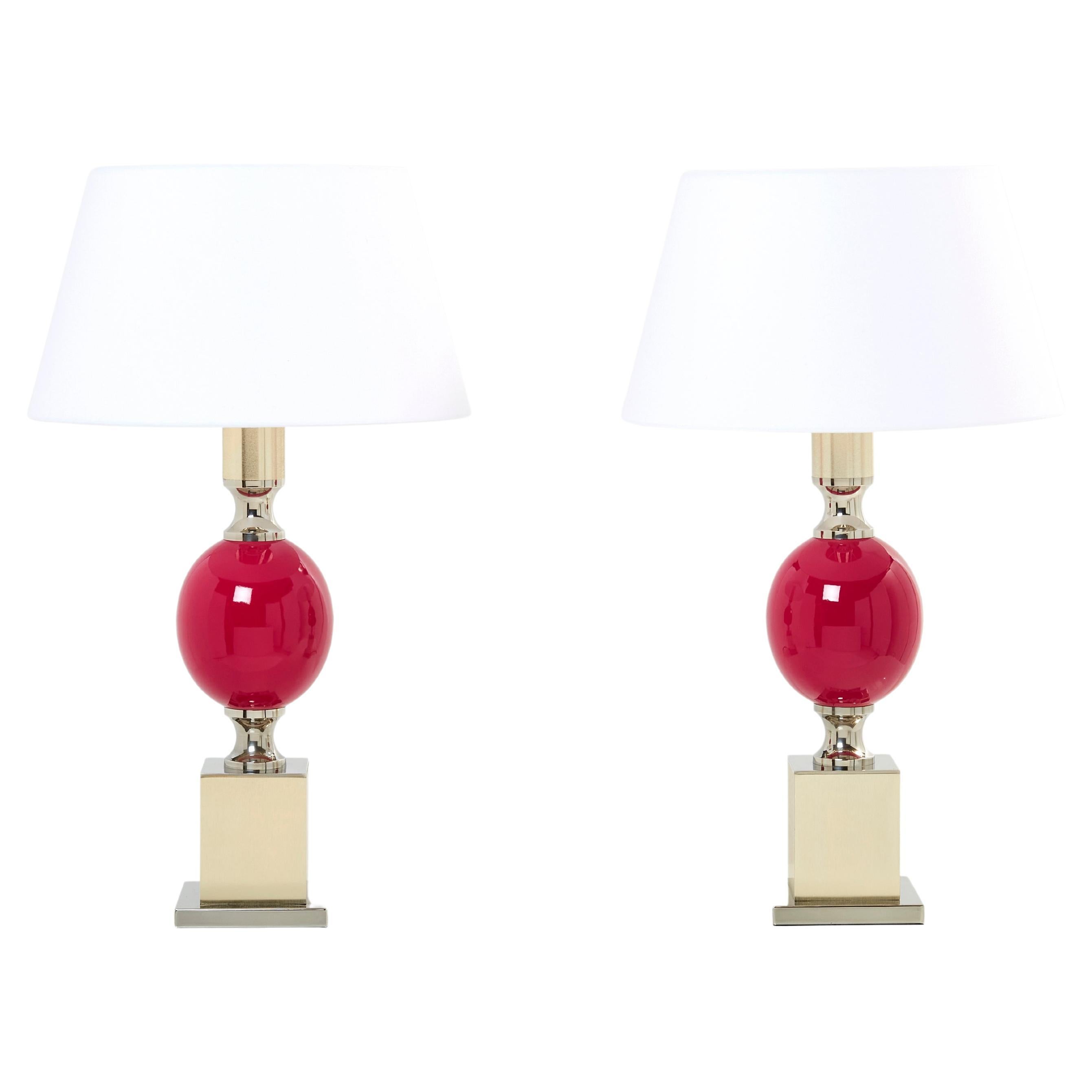 Pair of French Enameled Brass Chrome Table Lamps Philippe Barbier 1970s