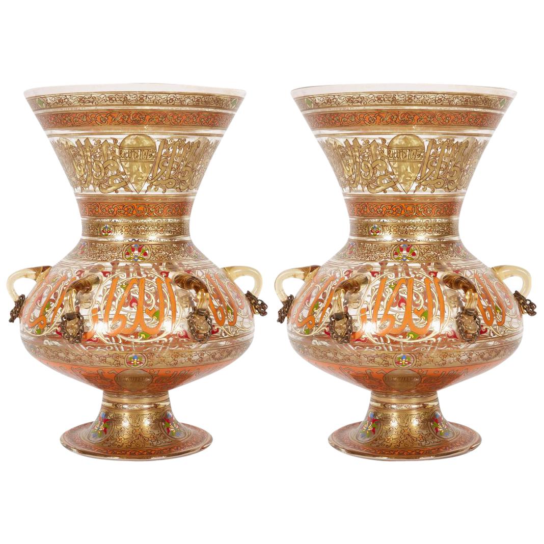 Pair of French Enameled Mamluk Revival Glass Mosque Lamp Philippe Joseph Brocard