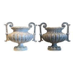 Antique Pair of French Enamelled Iron Garden Urns