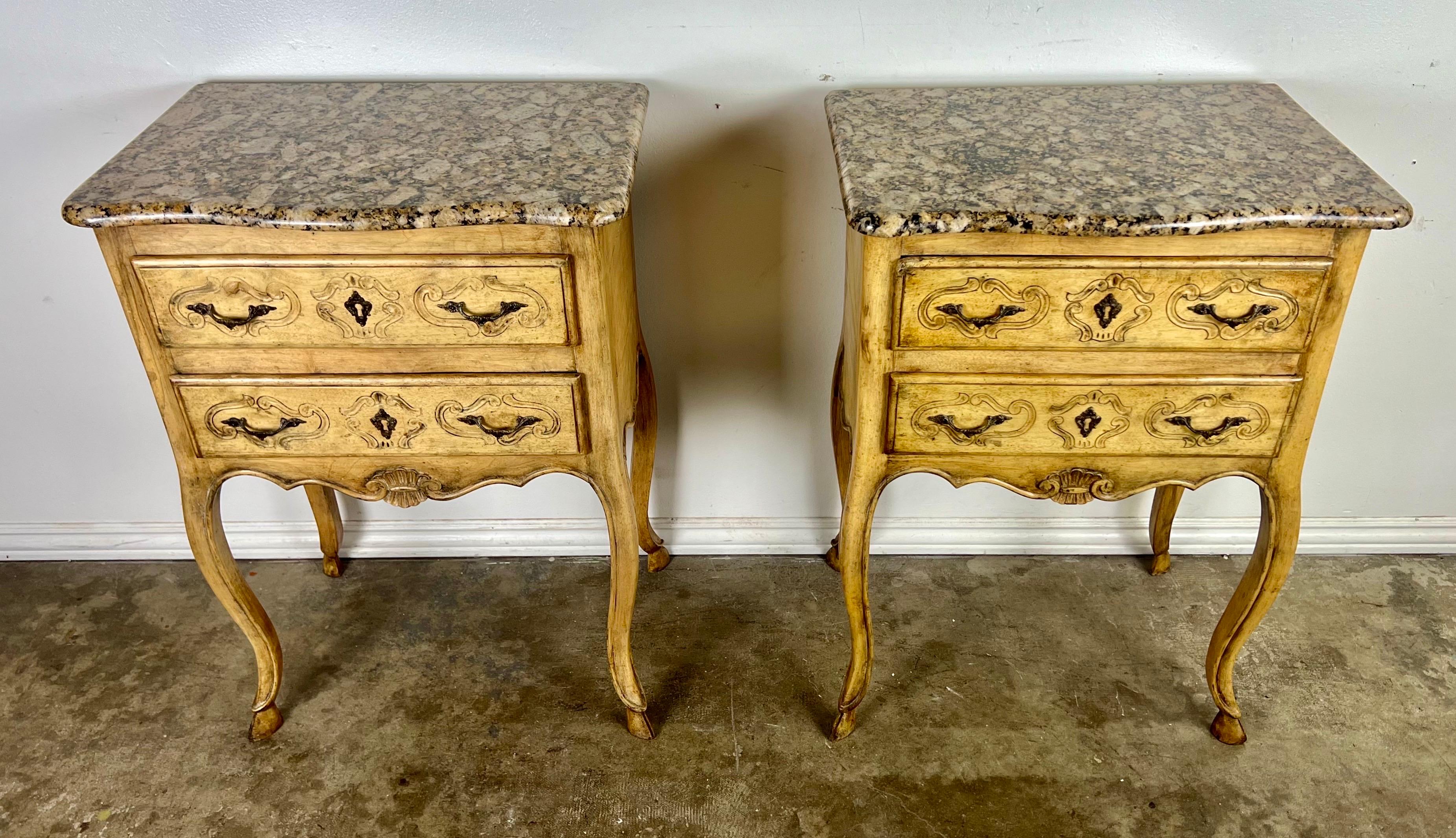 French Provincial Pair of French End Table w/ Drawers and Granite Tops C. 1930's For Sale