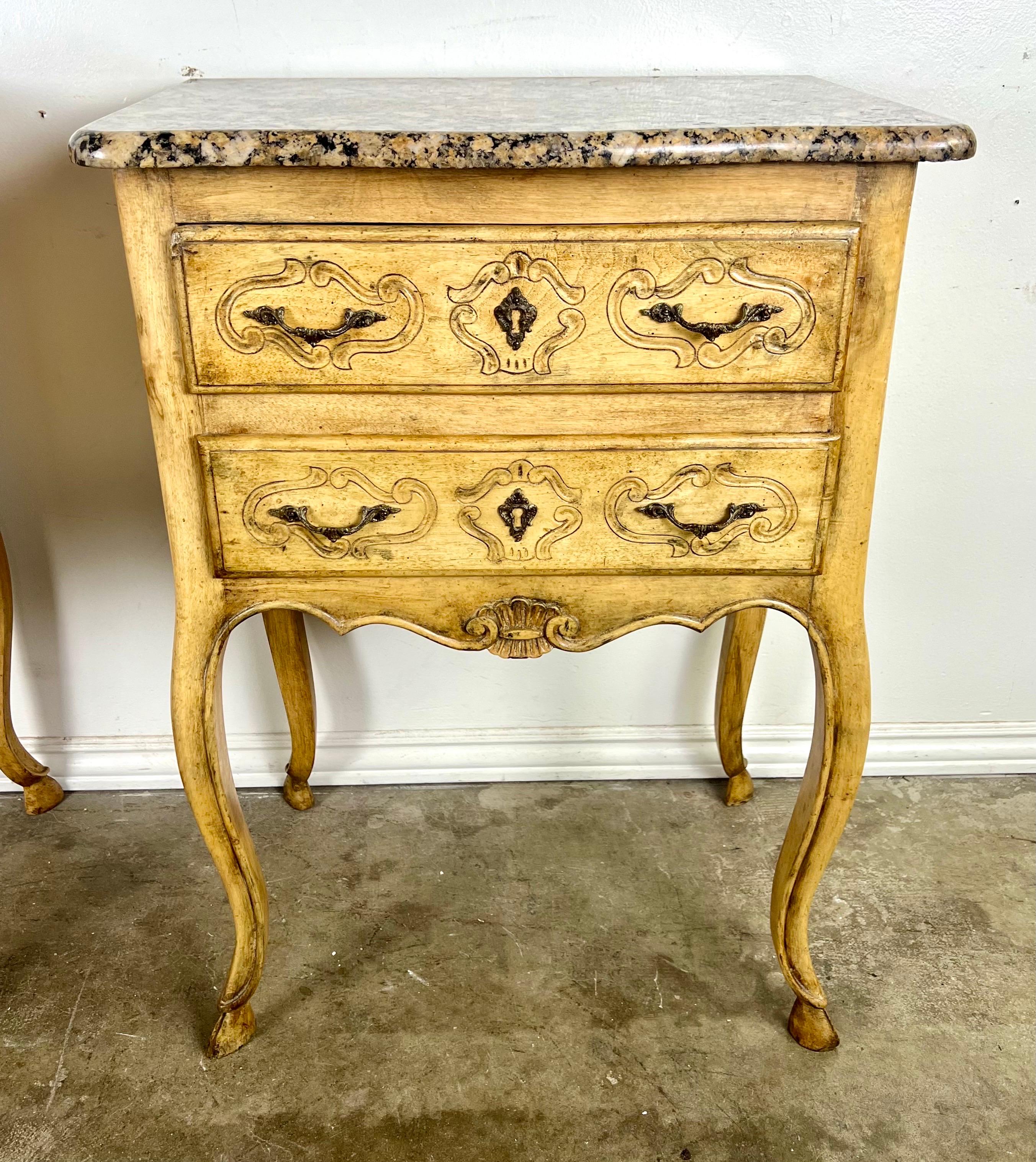 Pair of French End Table w/ Drawers and Granite Tops C. 1930's In Good Condition For Sale In Los Angeles, CA