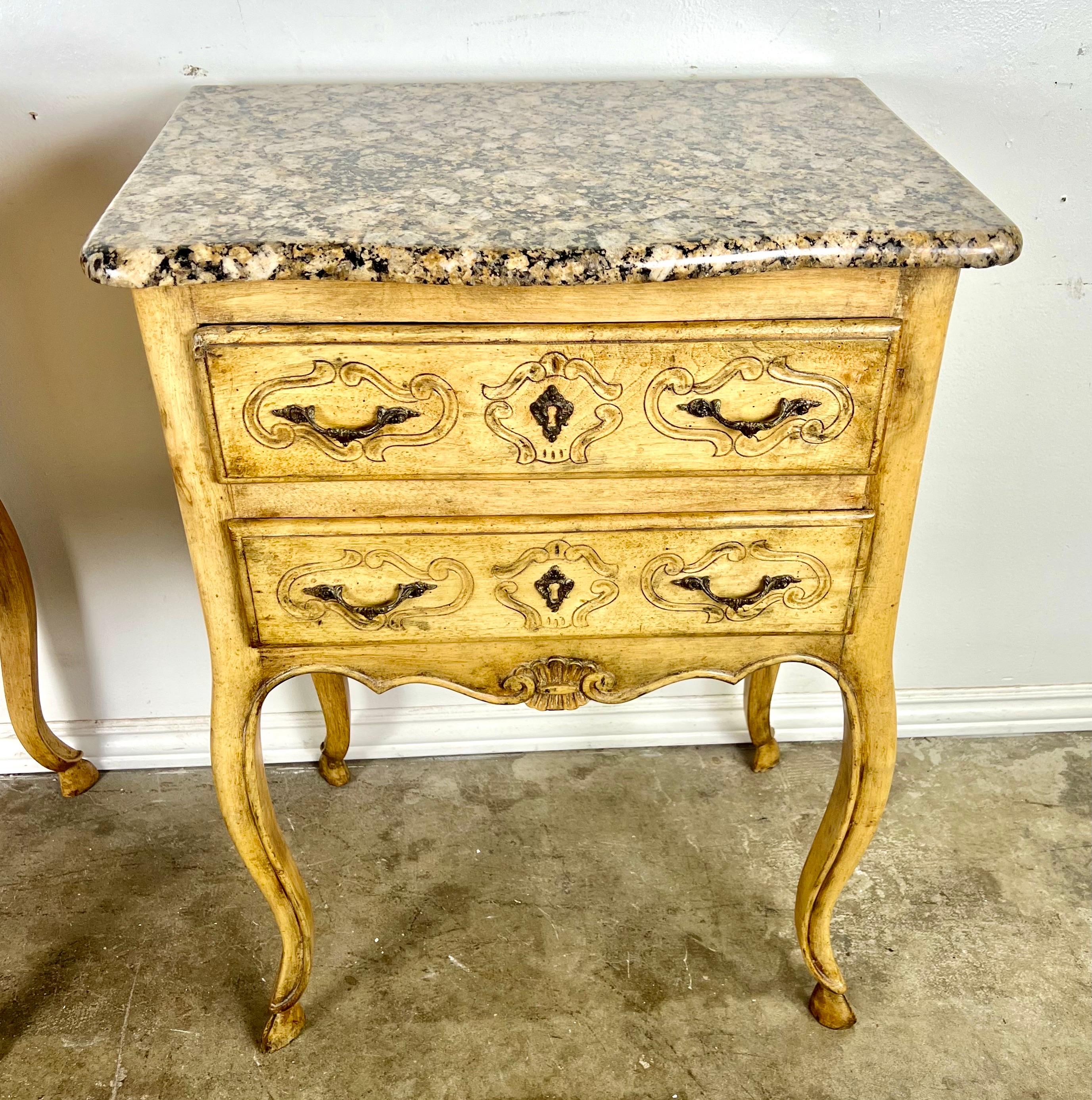 Mid-20th Century Pair of French End Table w/ Drawers and Granite Tops C. 1930's For Sale