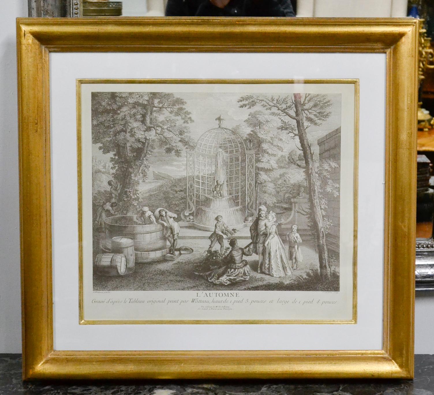 Beautiful pair of antique French engravings in gilt frames by A. Watteau.