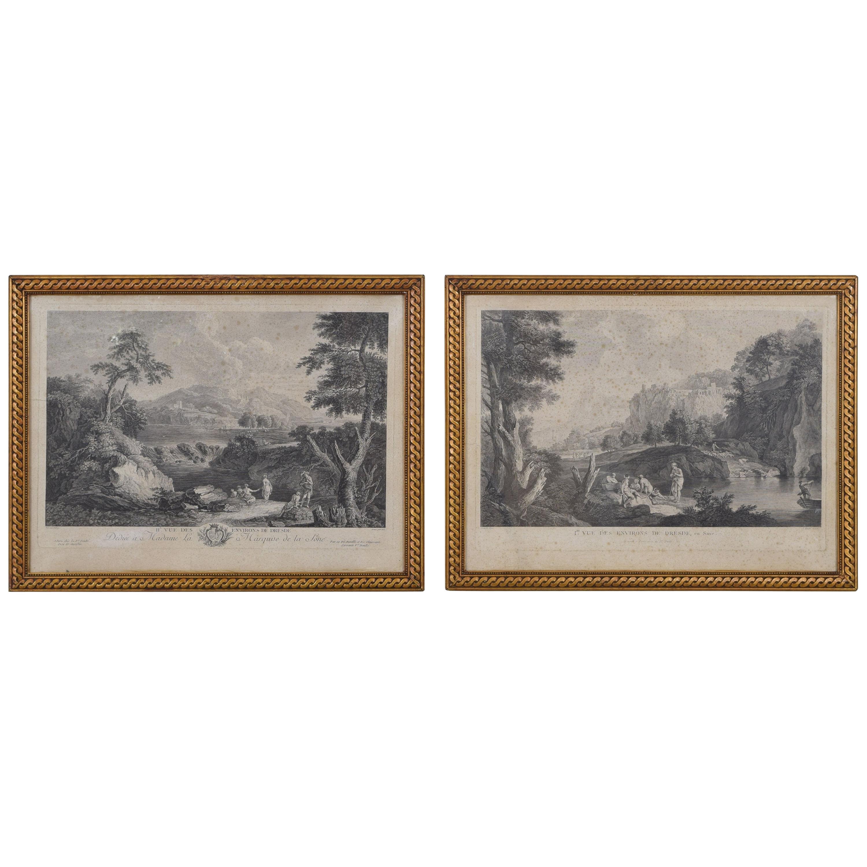 Pair of French Engravings in Gilt Gesso Frames, Views of Dresden, 19th Century