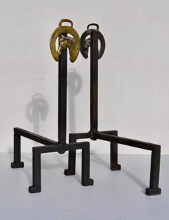 Paire de chenets équestres en fer forgé et bronze, années 1950