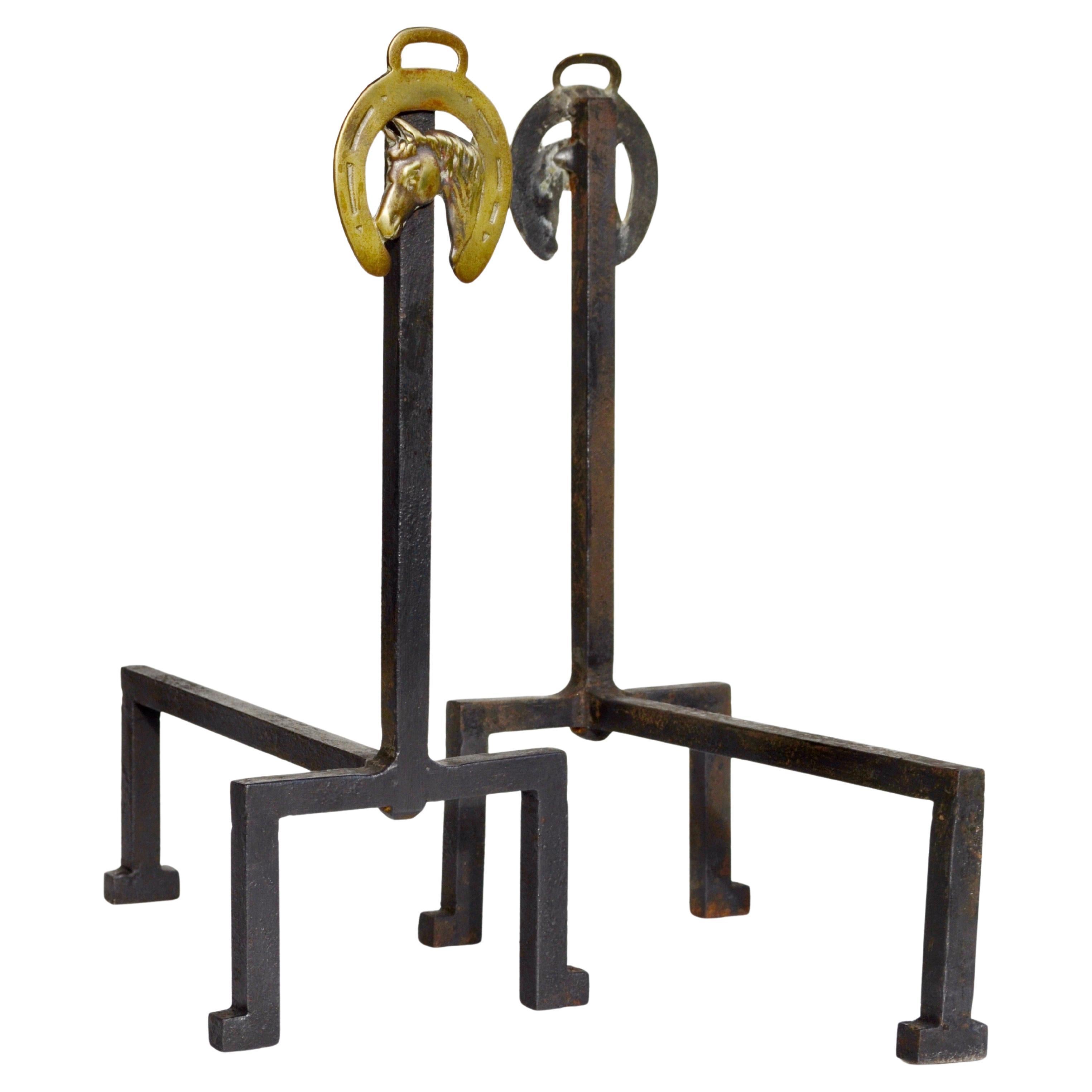 Pair of French Equestrian Andirons in Wrought Iron and Bronze, 1950s